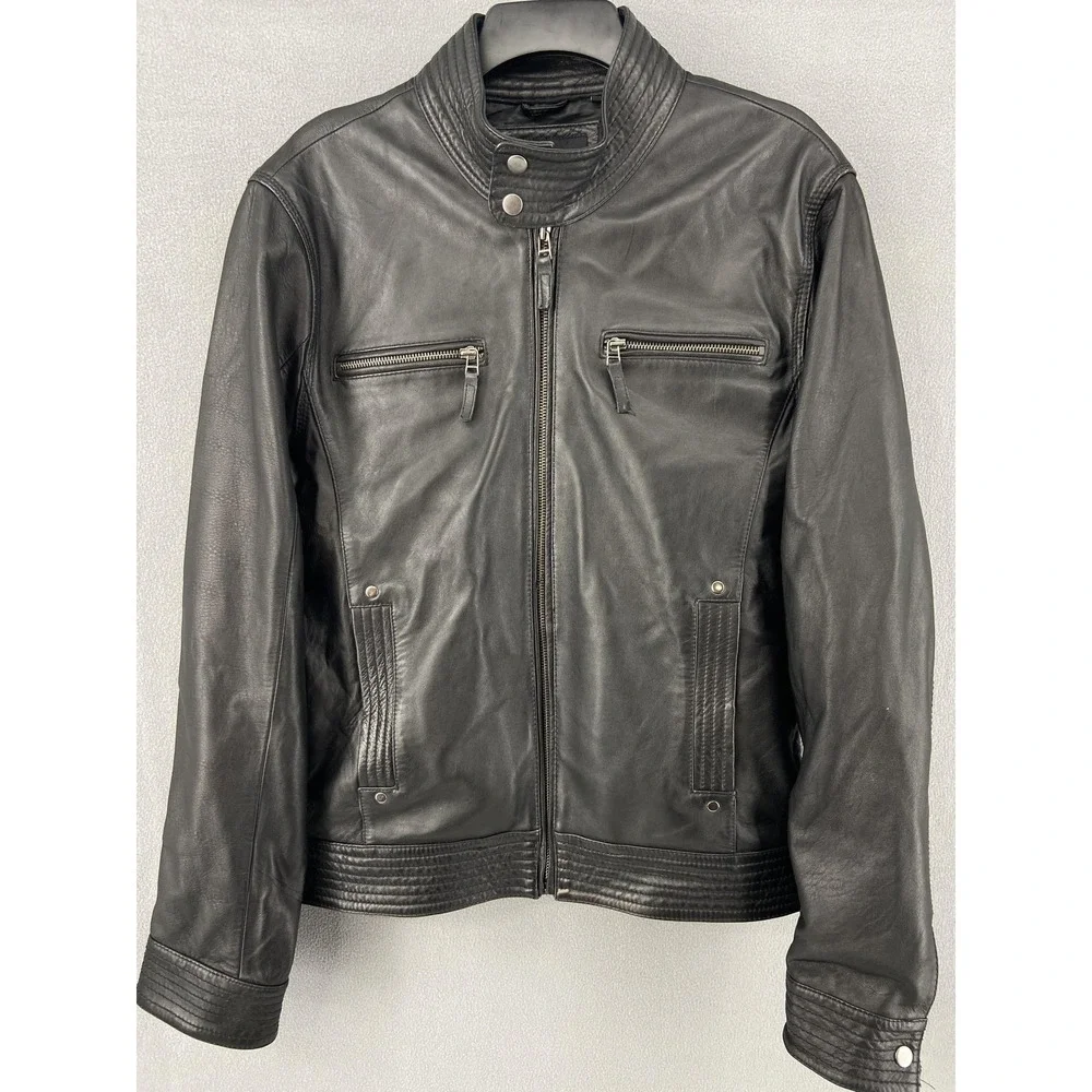 7Diamonds Jacket Mens XL Black Leather Moto Biker Bomber‎ Sprint